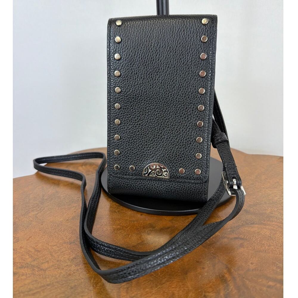 Brighton Black Leather Crossbody Wallet Silver Studs Card Slots Clutch Organizer